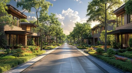 A meticulously designed urban street with wide sidewalks, bike lanes, and tree-lined paths, promoting sustainable transportation and community interaction.