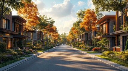A meticulously designed urban street with wide sidewalks, bike lanes, and tree-lined paths, promoting sustainable transportation and community interaction.