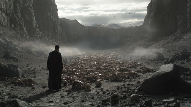 a prophet stands before a valley covered with dry, scattered bones.