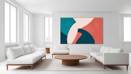 Modern scandinavian living room interior. mid century furniture, cozy carpet, wooden floor