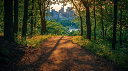 Naklejka premium Urban Forest Pathway at Sunset