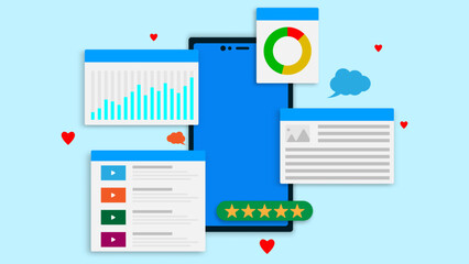 Mobile marketing, social media marketing concept with smartphone. Online love, five stars, content and strategy on light blue background