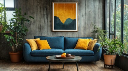 A blue couch adorned with yellow pillows in a Scandinavian living room, complemented by wall art on wooden walls and a window plant.
