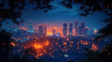 Obraz premium A panoramic view of an urban skyline at night, with the city lights creating a dazzling display against the dark sky, capturing the energy and allure of city living.