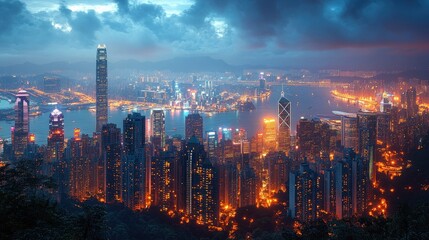 Fototapeta premium A panoramic view of an urban skyline at night, with the city lights creating a dazzling display against the dark sky, capturing the energy and allure of city living.