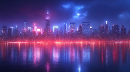 Obraz premium A panoramic view of an urban skyline at night, with the city lights creating a dazzling display against the dark sky, capturing the energy and allure of city living.