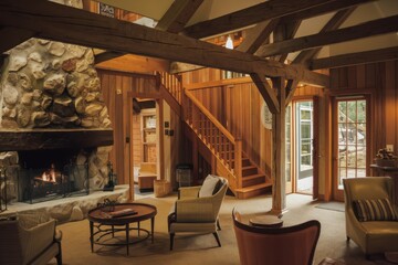Fototapeta premium A cozy living room with a fireplace and wooden floors