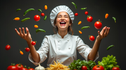 A cheerful chef wearing a white uniform and hat is playfully tossing vibrant vegetables into the air, demonstrating her passion for cooking and healthy ingredients