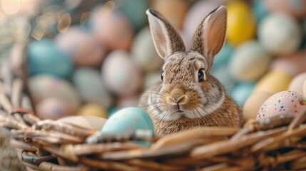 bunny peeking out from a beautifully decorated Easter basket filled with an assortment of colorful eggs, ai generated