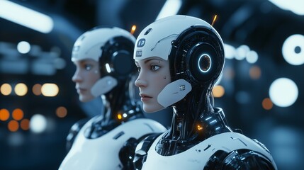 Fototapeta premium Futuristic android robot in action wearing a helmet, embodying advanced technology 