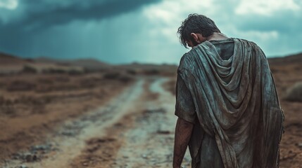 Man  israelite crying while walking in a desert road. Ancient days in Israel year of 10 B.C.