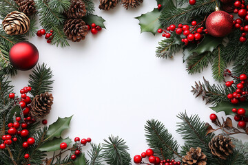 place for Christmas greetings on a white background with pine cones, fir trees and Christmas tree decorations