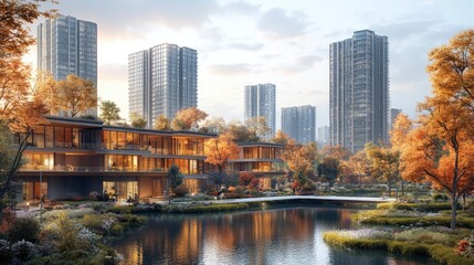 Obraz premium A meticulously planned urban development with mixed-use buildings, public plazas, and green spaces, highlighting the balance between functionality and aesthetics in city design.
