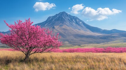 Majestic Mountain and Pink Blossom Landscape