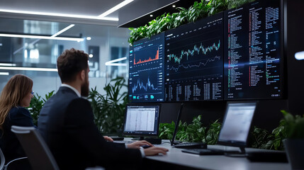 Professionals analyzing data on multiple screens.