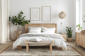 Interior of a bedroom with a wooden bed and a white wall