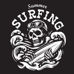 Vintage illustration of a surfing skull