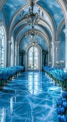Fototapeta premium Blue tulips in the hall of a blue marble palace, a fantasy mansion with fantasy architecture in a fantasy style. The blue floor has a glossy reflection, creating a fantasy scenery with fantasy windows