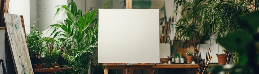 Blank canvas on easel in an artist's studio, surrounded by plants.
