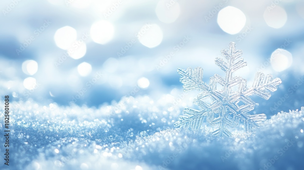 Poster a delicate snowflake rests on a bed of sparkling snow, creating a serene winter scene.