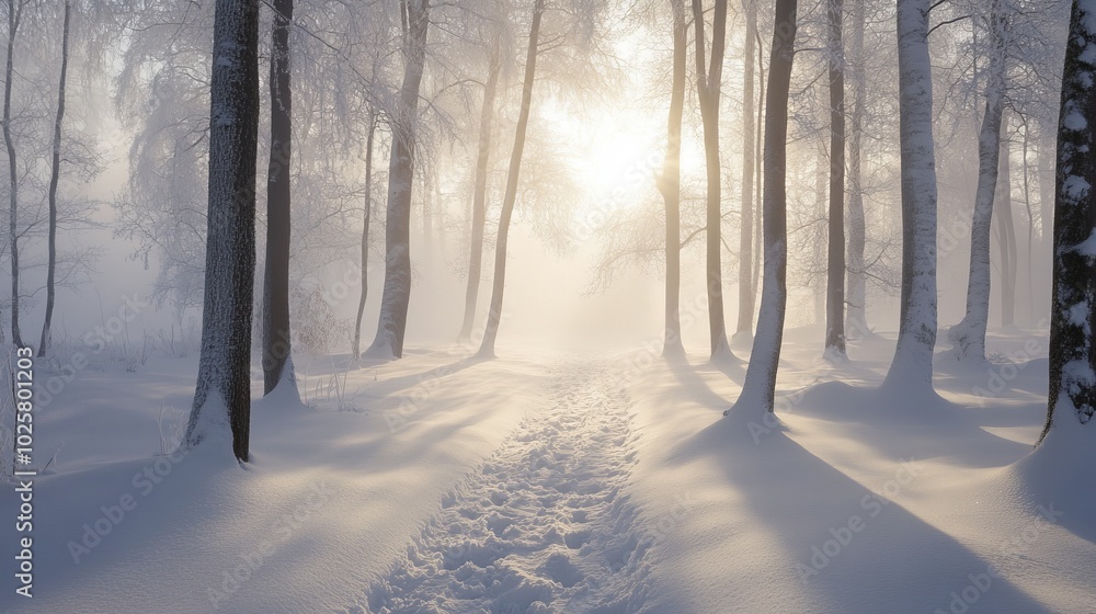 Aufkleber a serene winter scene with a snowy path leading through a foggy forest illuminated by soft sunlight.