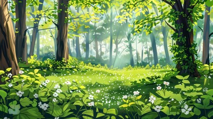 Fototapeta premium Sunlit Forest Floor with White Flowers and Green Foliage