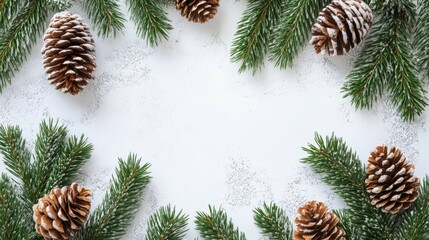 A festive arrangement of pine cones and evergreen branches on a snowy background.