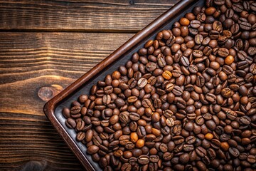 Fototapeta premium Closeup roasted coffee beans on tray, high angle