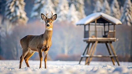 Obraz premium Close-Up Roe deer in winter with hunting tower in the background