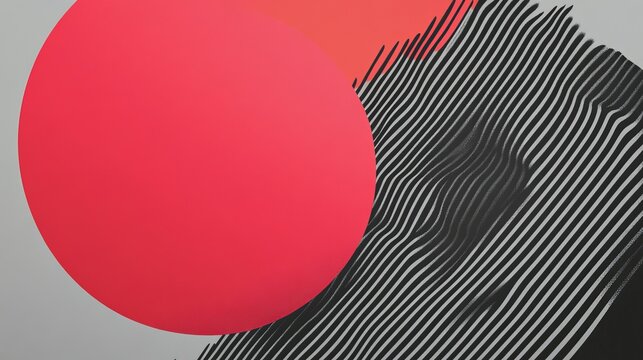 Abstract design featuring a large red circle and black wavy lines on a gray background.