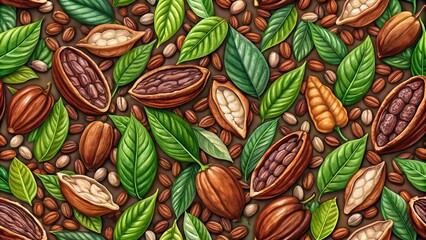 Fototapeta premium Close-up seamless pattern with cocoa leaves and beans