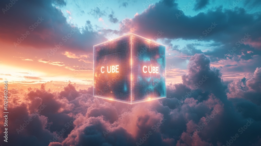 Poster Futuristic Glowing Cube in the Sky