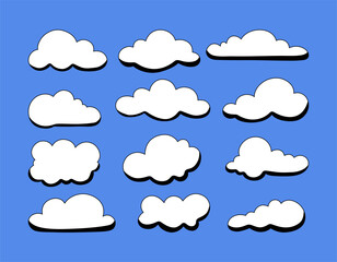 Obraz premium Playful Cloud Icons Set. A set of 12 bold, playful cloud icons with distinct shapes and shadows. Ideal for weather-themed projects, sky illustrations, or adding a whimsical touch to any design