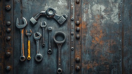 Fototapeta premium Vintage wrenches with rusty metallic background.