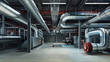 Industrial building with a network of large metal pipes