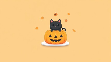 A cute black cat sits on a carved pumpkin, surrounded by autumn leaves, set against a warm orange background. Perfect for Halloween themes.