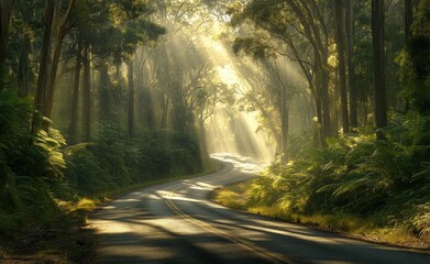 Obraz premium A winding road illuminated by sunlight through the Great Forest canopy