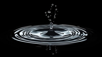 A stunning close-up of a water droplet creating ripples, captured against a black background, showcasing nature's beauty and tranquility.