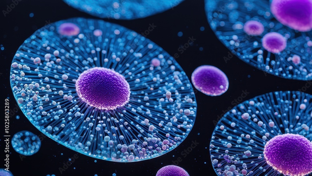 Poster microscopic view of colorful cells with radiating structures.