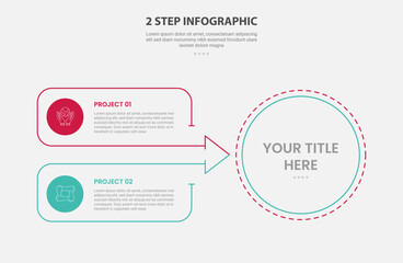 2 points template infographic outline style with 2 point stage or step comparison template with big circle and arrow box join container for slide presentation