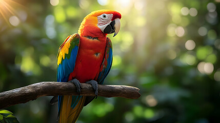 A Colorful Parrot Perched on a Branch in a Lush Green Forest with Sunlight Streaming Through the Canopy