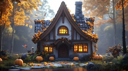 Fototapeta premium Charming Cottage Nestled in the Forest with Golden Autumn Leaves, Illuminated by Warm Lights, and Surrounded by Pumpkins in the Peaceful Woodland Setting