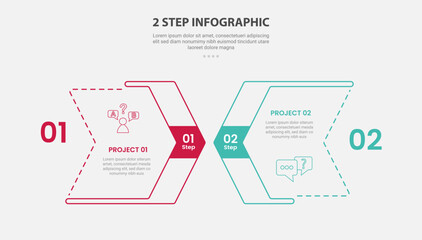 2 points template infographic outline style with 2 point stage or step comparison template with arrow box with layering style design for slide presentation