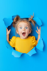 Little girl breaking through vivid blue paper backdrop, looking through hole, wearing yellow top and showing an expression of surprise and excitemented. Concept of children fashion and kids games.