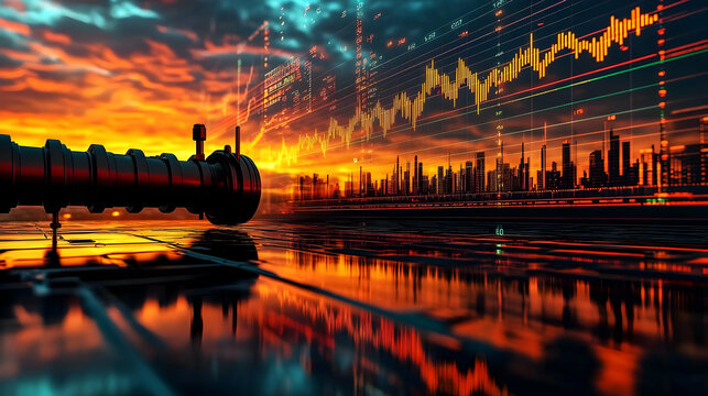 Oil Pipeline Lies Across Reflective Surface with Cityscape and Stock Market Data in Background