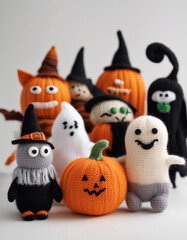 Obraz premium A collection of Halloween-themed knitted toys displayed against a plain white background.