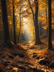 Fototapeta premium Autumn Maple Tree Forest Road