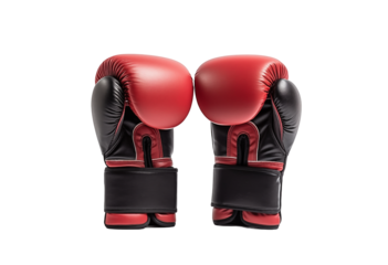Red and black boxing gloves positioned together on a plain background showcasing equipment for training and competition