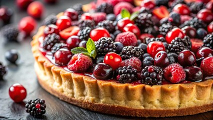 Close-up shot of a pie with black and red berries