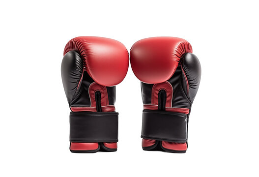 Red and black boxing gloves positioned together on a plain background showcasing equipment for training and competition